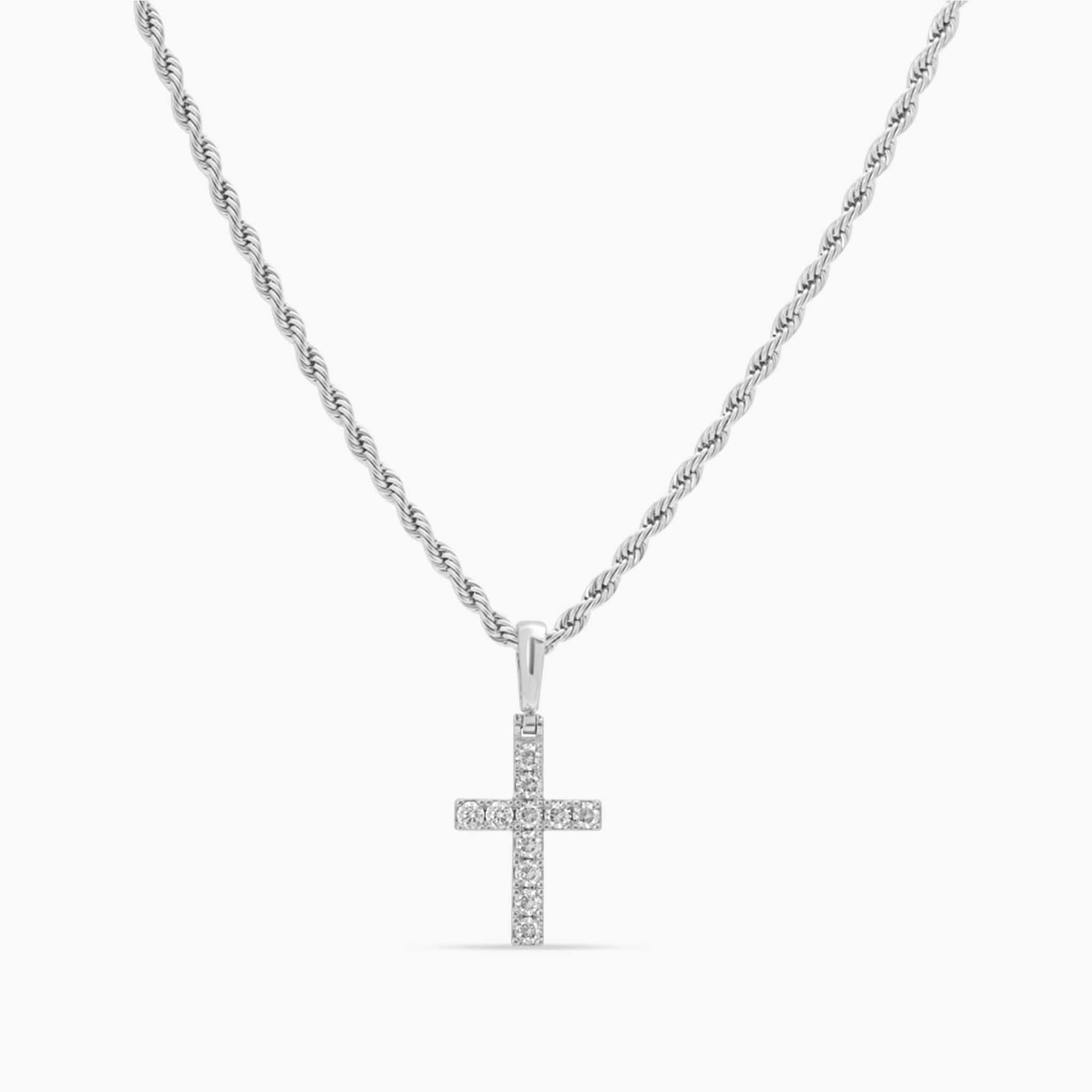 White Gold Diamond CZ Micro Cross Necklace
