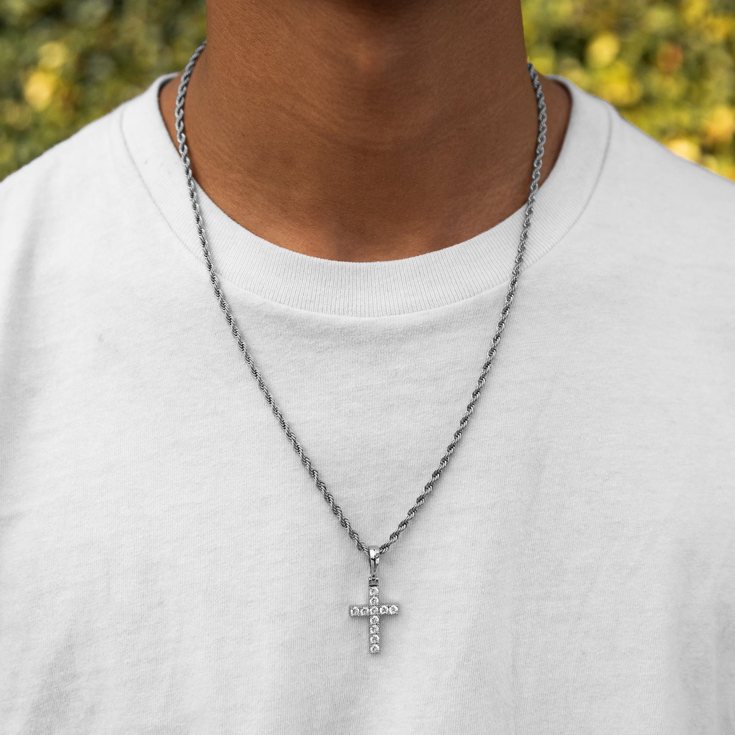 White Gold Diamond CZ Micro Cross Necklace